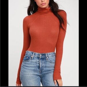 NWT! Free People All You Want Rust Orange Mock Neck Waffle Bodysuit L